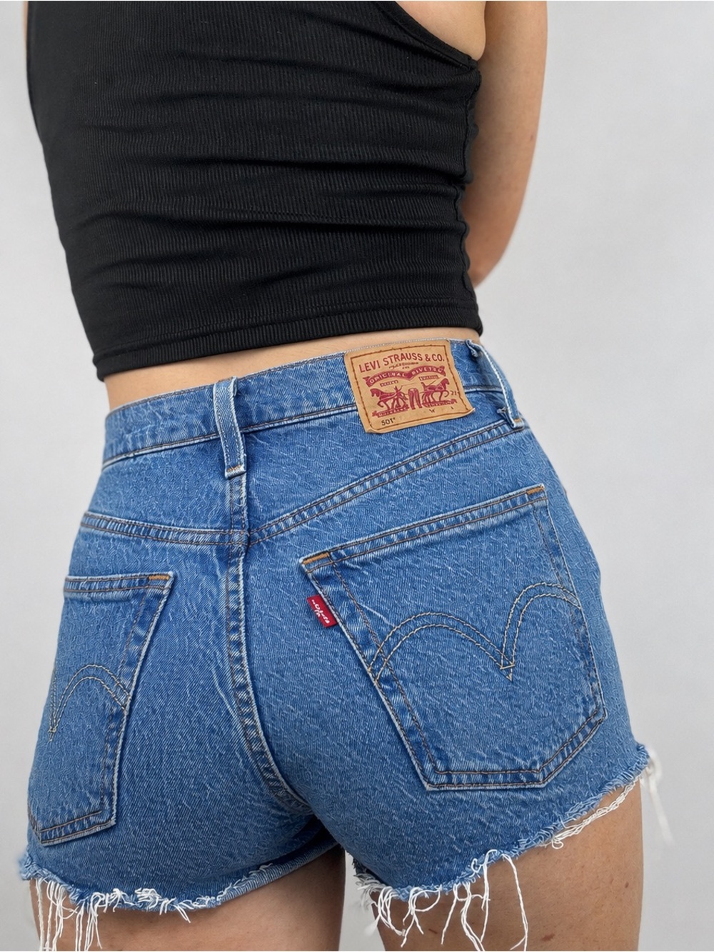 Levi 501 classic button fly high rise denim mini shorts
